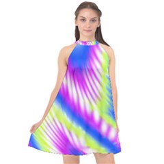 Colorful Blue Purple Pastel Tie Dye Pattern Halter Neckline Chiffon Dress 