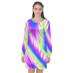 Colorful Blue Purple Pastel Tie Dye Pattern Long Sleeve Chiffon Shift Dress 