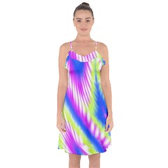 Colorful Blue Purple Pastel Tie Dye Pattern Ruffle Detail Chiffon Dress