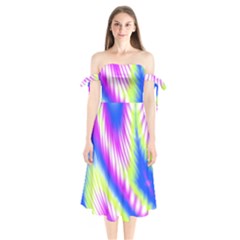 Colorful Blue Purple Pastel Tie Dye Pattern Shoulder Tie Bardot Midi Dress by SpinnyChairDesigns