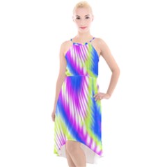 Colorful Blue Purple Pastel Tie Dye Pattern High-Low Halter Chiffon Dress 