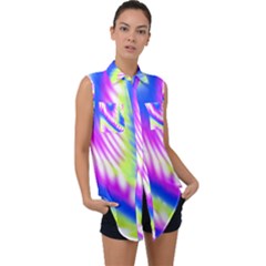 Colorful Blue Purple Pastel Tie Dye Pattern Sleeveless Chiffon Button Shirt