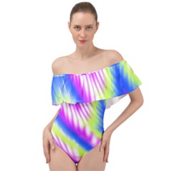 Colorful Blue Purple Pastel Tie Dye Pattern Off Shoulder Velour Bodysuit  by SpinnyChairDesigns