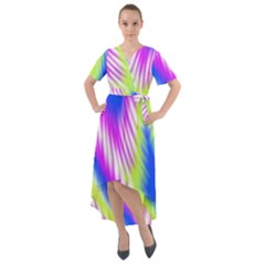 Colorful Blue Purple Pastel Tie Dye Pattern Front Wrap High Low Dress