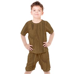 Dark Wood Panel Texture Kids  Tee And Shorts Set by SpinnyChairDesigns