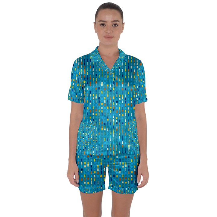 Aqua Blue Artsy Beaded Weave Pattern Satin Short Sleeve Pyjamas Set