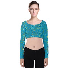 Aqua Blue Artsy Beaded Weave Pattern Velvet Long Sleeve Crop Top by SpinnyChairDesigns