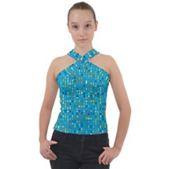 Aqua Blue Artsy Beaded Weave Pattern Cross Neck Velour Top by SpinnyChairDesigns