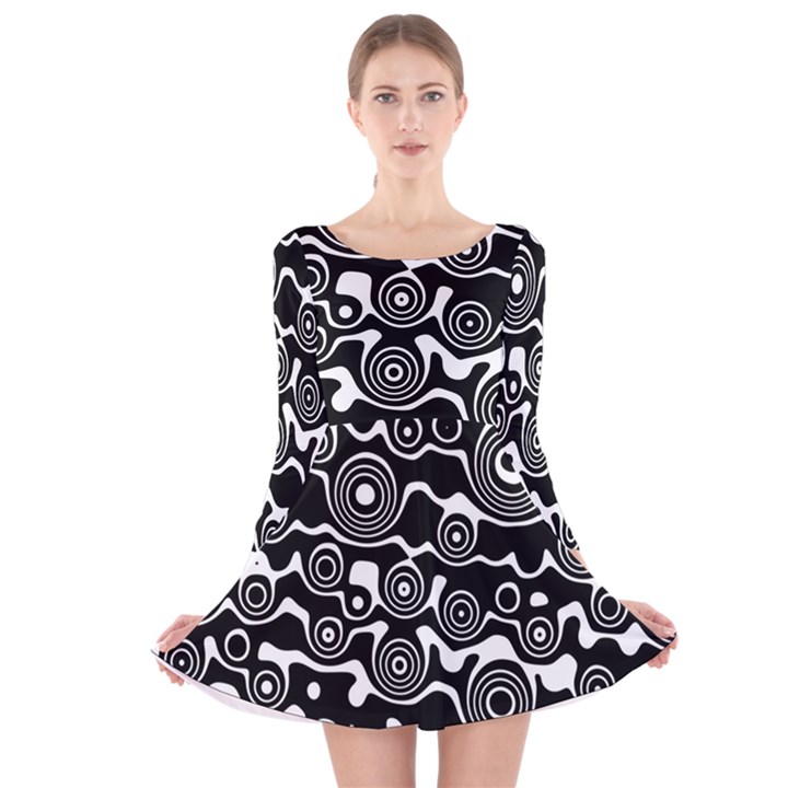 Abstract Black and White Bubble Pattern Long Sleeve Velvet Skater Dress