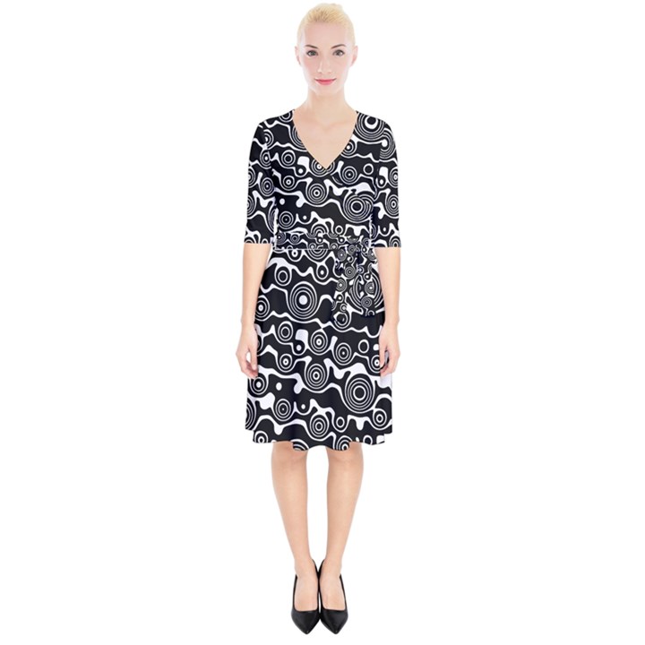 Abstract Black and White Bubble Pattern Wrap Up Cocktail Dress