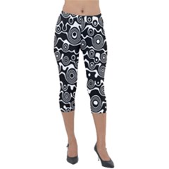 Abstract Black And White Bubble Pattern Lightweight Velour Capri Leggings  by SpinnyChairDesigns