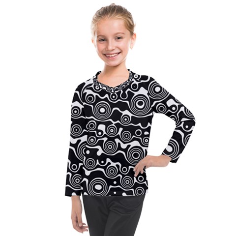 Abstract Black And White Bubble Pattern Kids  Long Mesh Tee by SpinnyChairDesigns