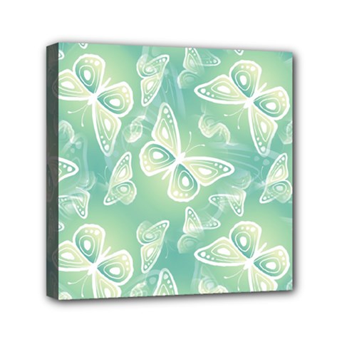 Turquoise Light Green Butterfly Pattern Mini Canvas 6  X 6  (stretched) by SpinnyChairDesigns