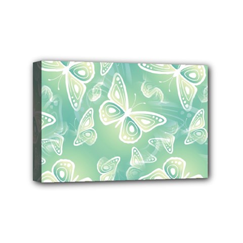 Turquoise Light Green Butterfly Pattern Mini Canvas 6  X 4  (stretched) by SpinnyChairDesigns