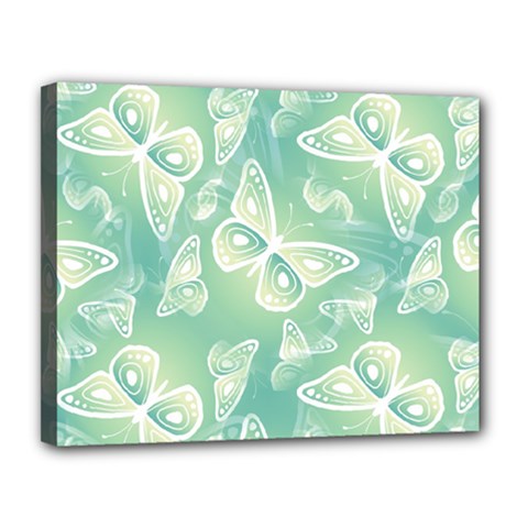 Turquoise Light Green Butterfly Pattern Canvas 14  X 11  (stretched) by SpinnyChairDesigns