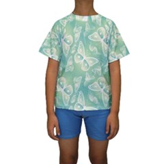 Turquoise Light Green Butterfly Pattern Kids  Short Sleeve Swimwear by SpinnyChairDesigns