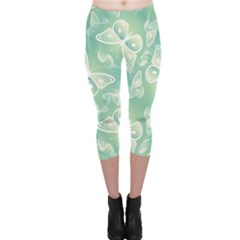 Turquoise Light Green Butterfly Pattern Capri Leggings  by SpinnyChairDesigns