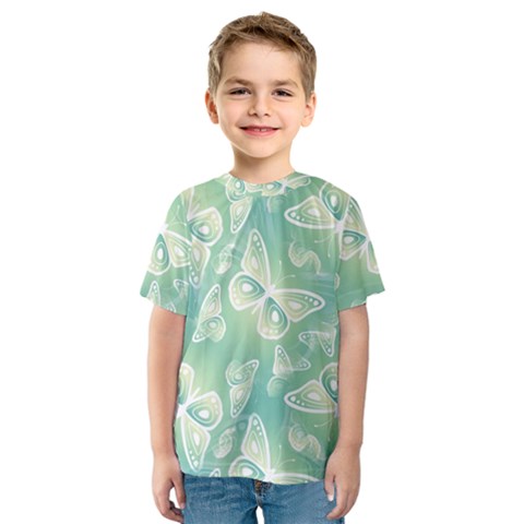 Turquoise Light Green Butterfly Pattern Kids  Sport Mesh Tee by SpinnyChairDesigns