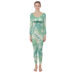 Turquoise Light Green Butterfly Pattern Long Sleeve Catsuit by SpinnyChairDesigns