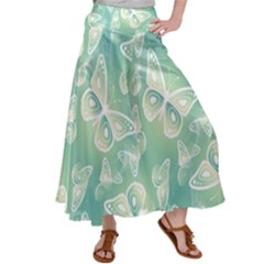 Turquoise Light Green Butterfly Pattern Satin Palazzo Pants by SpinnyChairDesigns