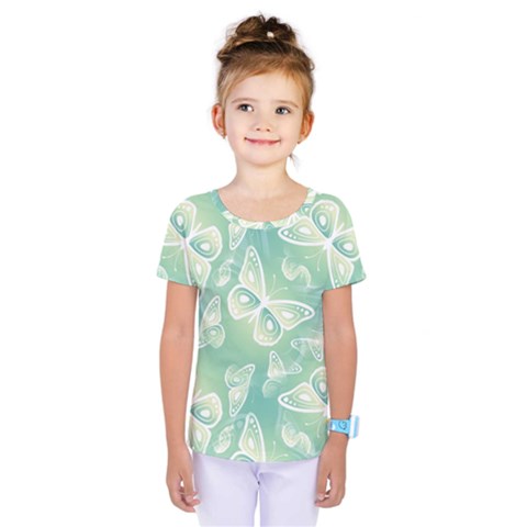 Turquoise Light Green Butterfly Pattern Kids  One Piece Tee by SpinnyChairDesigns