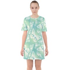 Turquoise Light Green Butterfly Pattern Sixties Short Sleeve Mini Dress by SpinnyChairDesigns