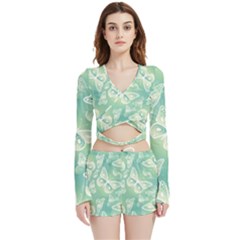 Turquoise Light Green Butterfly Pattern Velvet Wrap Crop Top