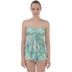 Turquoise Light Green Butterfly Pattern Babydoll Tankini Set by SpinnyChairDesigns