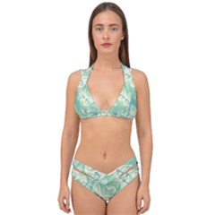 Turquoise Light Green Butterfly Pattern Double Strap Halter Bikini Set by SpinnyChairDesigns