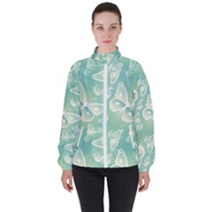 Turquoise Light Green Butterfly Pattern Women s High Neck Windbreaker by SpinnyChairDesigns