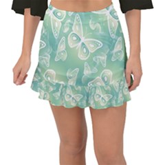 Turquoise Light Green Butterfly Pattern Fishtail Mini Chiffon Skirt by SpinnyChairDesigns