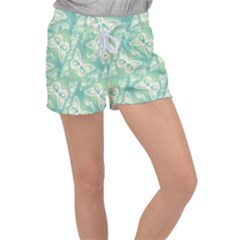 Turquoise Light Green Butterfly Pattern Velour Lounge Shorts by SpinnyChairDesigns