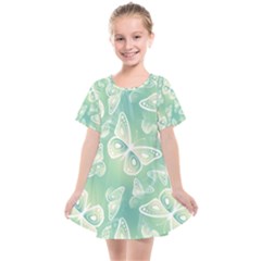 Turquoise Light Green Butterfly Pattern Kids  Smock Dress by SpinnyChairDesigns