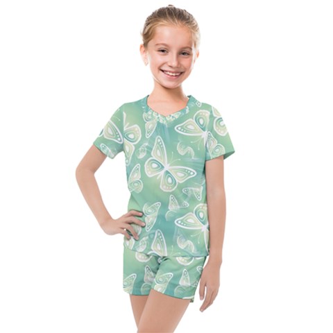 Turquoise Light Green Butterfly Pattern Kids  Mesh Tee And Shorts Set by SpinnyChairDesigns