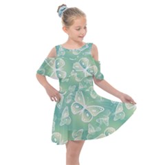 Turquoise Light Green Butterfly Pattern Kids  Shoulder Cutout Chiffon Dress by SpinnyChairDesigns