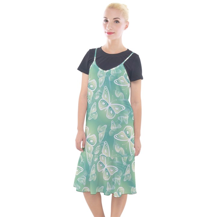 Turquoise Light Green Butterfly Pattern Camis Fishtail Dress