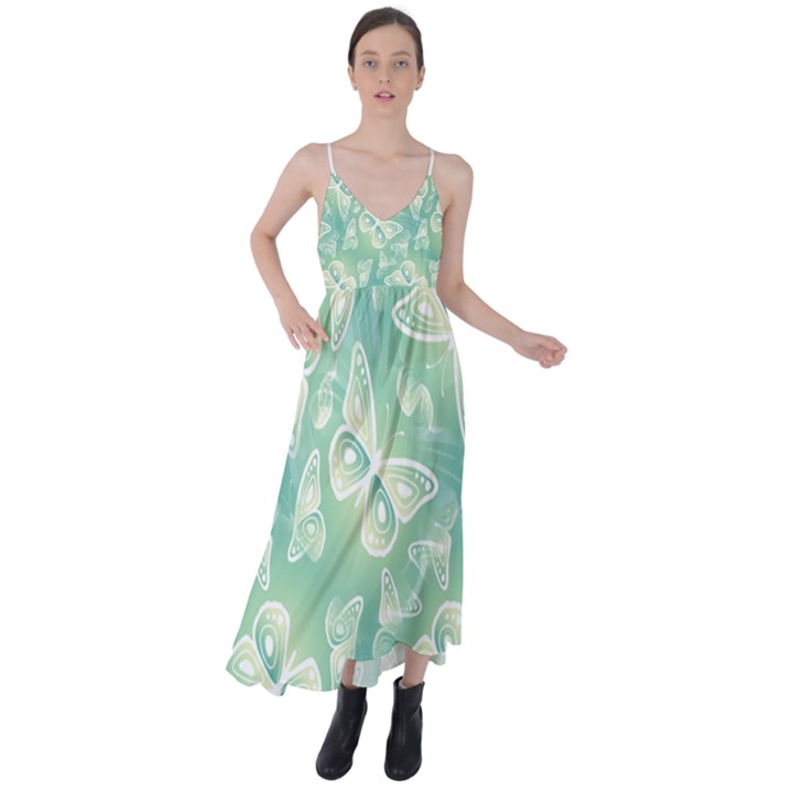 Turquoise Light Green Butterfly Pattern Tie Back Maxi Dress