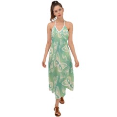 Turquoise Light Green Butterfly Pattern Halter Tie Back Dress  by SpinnyChairDesigns