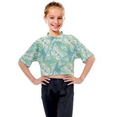 Turquoise Light Green Butterfly Pattern Kids Mock Neck Tee