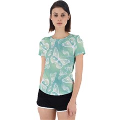 Turquoise Light Green Butterfly Pattern Back Cut Out Sport Tee