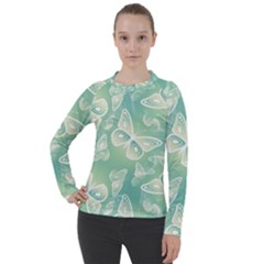 Turquoise Light Green Butterfly Pattern Women s Pique Long Sleeve Tee