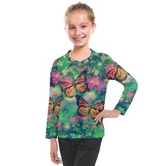 Watercolor Monarch Butterflies Kids  Long Mesh Tee