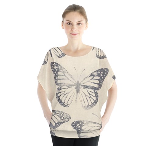 Vintage Ink Stamp On Paper Monarch Butterfly Batwing Chiffon Blouse by SpinnyChairDesigns