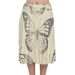 Vintage Ink Stamp On Paper Monarch Butterfly Velvet Flared Midi Skirt by SpinnyChairDesigns