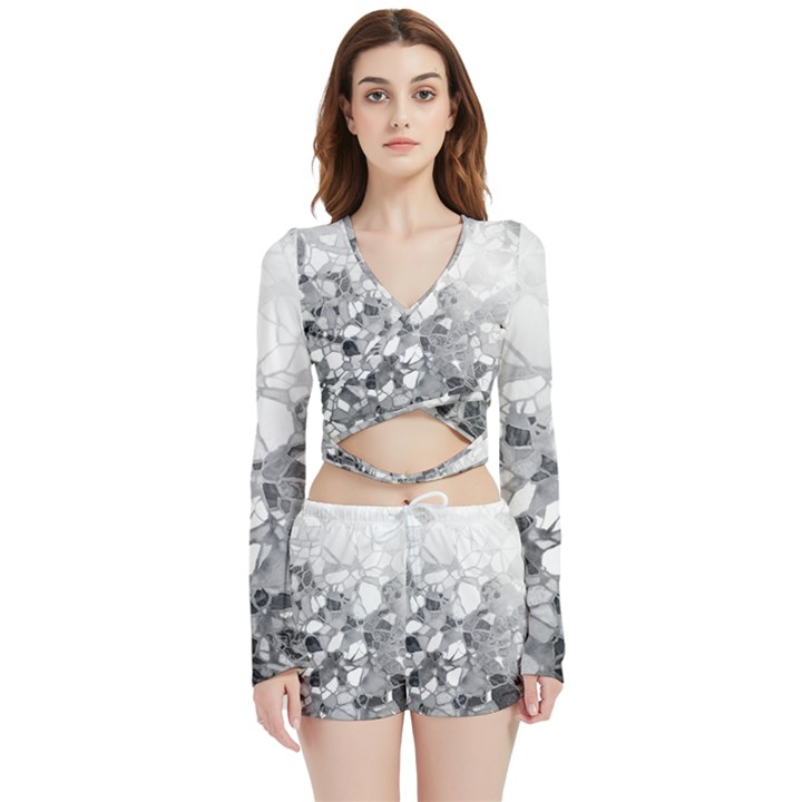 Black and White Abstract Mosaic Pattern Velvet Wrap Crop Top