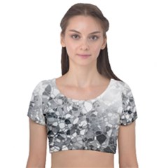 Black And White Abstract Mosaic Pattern Velvet Short Sleeve Crop Top  by SpinnyChairDesigns