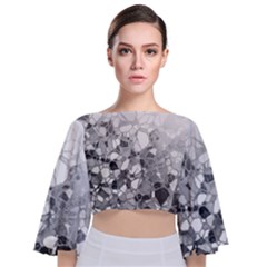 Black And White Abstract Mosaic Pattern Tie Back Butterfly Sleeve Chiffon Top by SpinnyChairDesigns