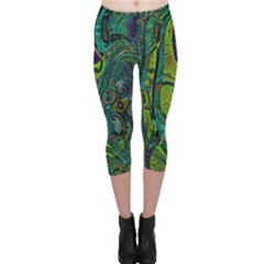 Jungle Print Green Abstract Pattern Capri Leggings  by SpinnyChairDesigns