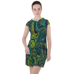 Jungle Print Green Abstract Pattern Drawstring Hooded Dress by SpinnyChairDesigns