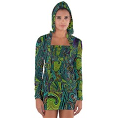 Jungle Print Green Abstract Pattern Long Sleeve Hooded T-shirt by SpinnyChairDesigns